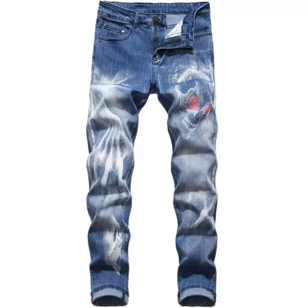 chouyatou Mens Street Wear Distressed Fit Stylish Printed Slim Jeans Denim PantsLight Blue