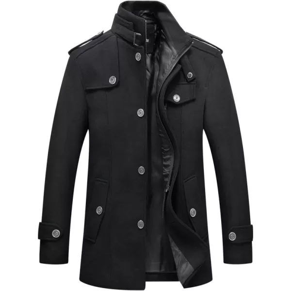 chouyatou Mens Winter Stylish Wool Blend Single Breasted Military PeacoatSolidblack