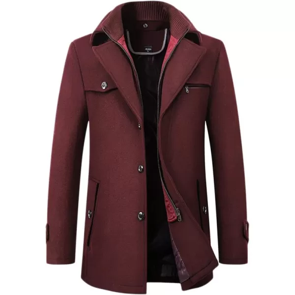 chouyatou Mens Winter Stylish Wool Blend Single Breasted Military PeacoatWine Red