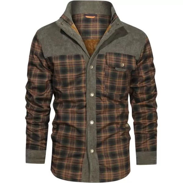 chouyatou Mens Winter Thick Fuzzy Sherpa Lined Corduroy Plaid Button Up Flannel Shirt JacketPlaidkhaki