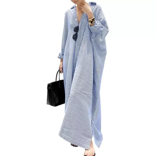 chouyatou Womens Casual Long Sleeve Button Down Loose Striped Cotton Maxi Shirt DressBlue
