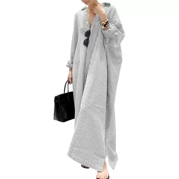 chouyatou Womens Casual Long Sleeve Button Down Loose Striped Cotton Maxi Shirt DressGrey