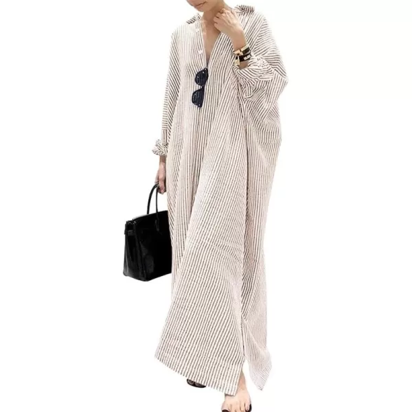 chouyatou Womens Casual Long Sleeve Button Down Loose Striped Cotton Maxi Shirt DressKhaki