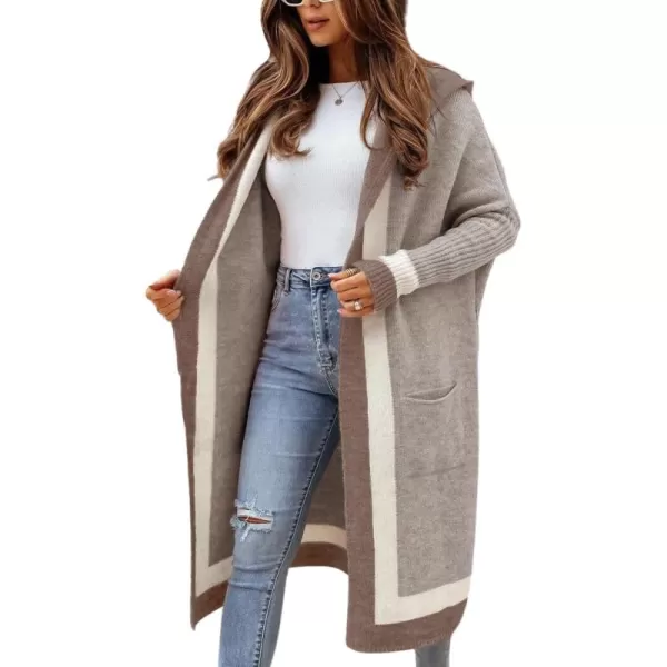 chouyatou Womens Color Block Vertical Striped Open Front Oversized Hooded Long Cardigan Sweaters with PocketsApricot Khaki