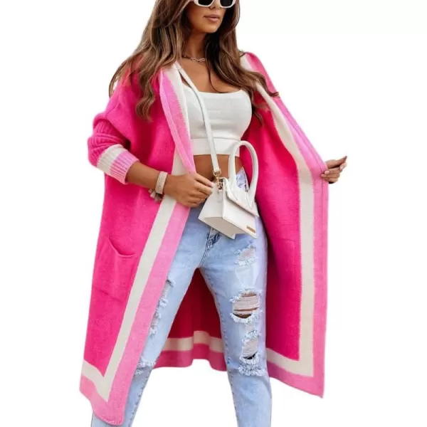 chouyatou Womens Color Block Vertical Striped Open Front Oversized Hooded Long Cardigan Sweaters with PocketsRose Red