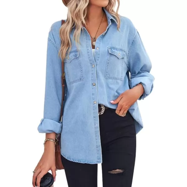chouyatou Womens Spring Long Sleeve Denim Jean Shirts Button Down Shirt Business Casual TopsBlue