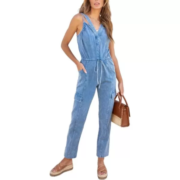 chouyatou Womens Washed Denim Jumpsuits V Neck Sleeveless Drawstring Pant Overall Rompers with PocketsBlue