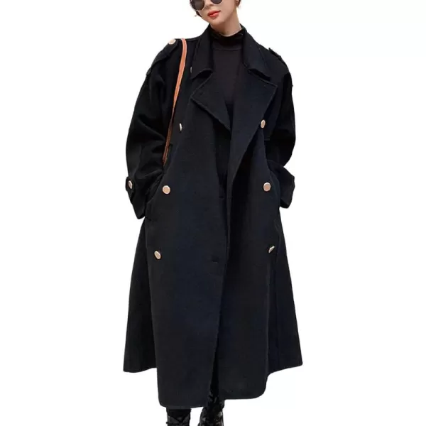 chouyatou Womens Winter Double Breasted Midi Long Wool Pea Coat Notch Lapel Winter Trench CoatBlack