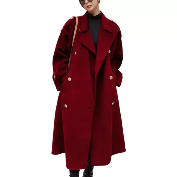 chouyatou Womens Winter Double Breasted Midi Long Wool Pea Coat Notch Lapel Winter Trench CoatRed