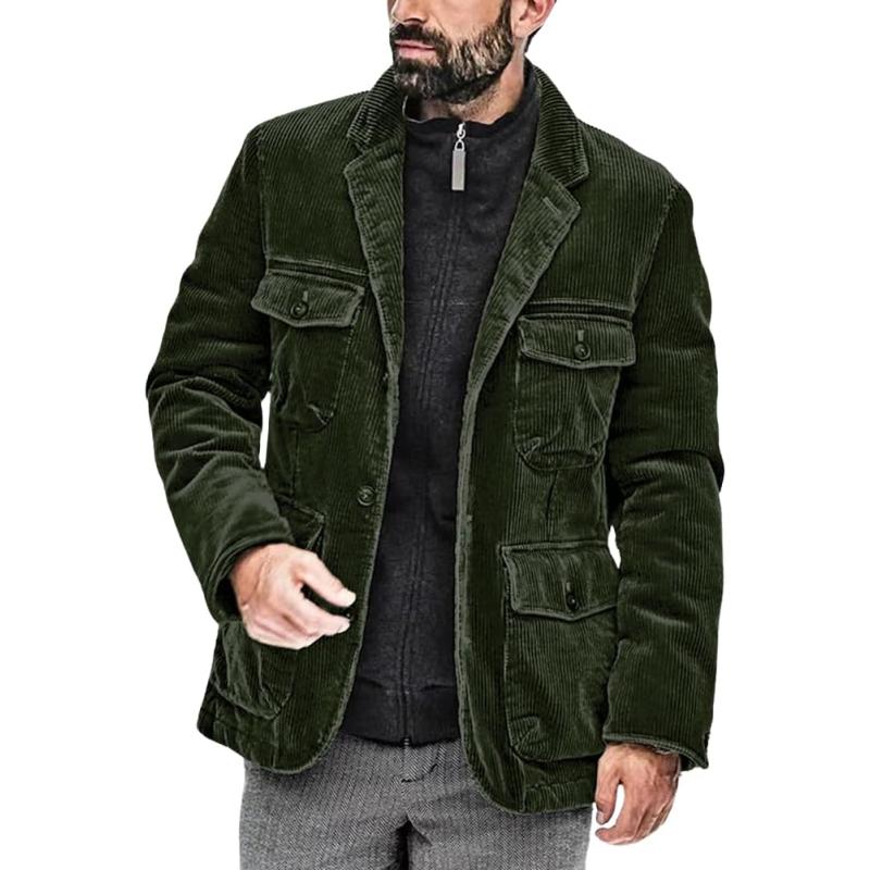 chouyatou Mens Vintage Corduroy Notched Lapel Button Down Business Blazer Jacket Sport CoatArmy Green