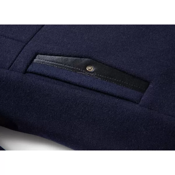 chouyatou Mens Casual Banded Collar Single Breasted Thicken Quilted Lined Wool Blend Pea Coat Detachable Plaid ScarfNavy Blue