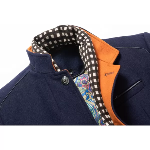 chouyatou Mens Casual Banded Collar Single Breasted Thicken Quilted Lined Wool Blend Pea Coat Detachable Plaid ScarfNavy Blue
