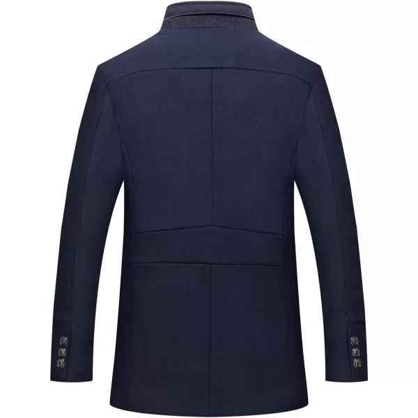 chouyatou Mens Casual Banded Collar Single Breasted Thicken Quilted Lined Wool Blend Pea Coat Detachable Plaid ScarfNavy Blue