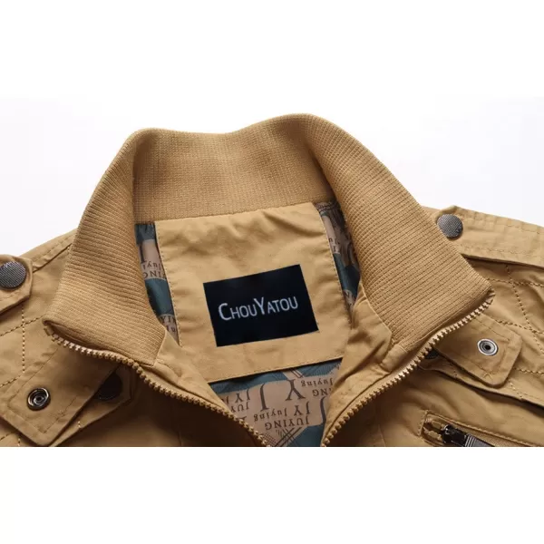 chouyatou Mens Casual Long Sleeve Full Zip Jacket with Shoulder StrapsKhaki