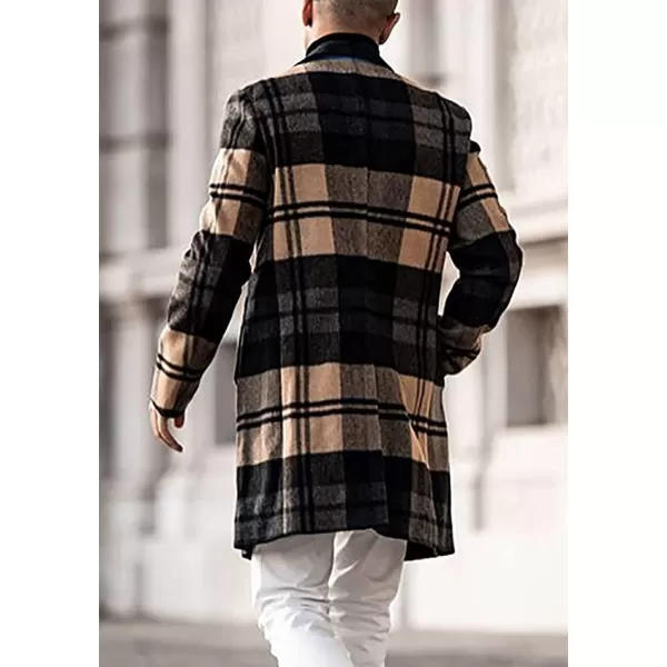 chouyatou Mens Casual Notched Collar Plaid Single Breasted Wool Blend Formal Trench Top CoatBrownplaid