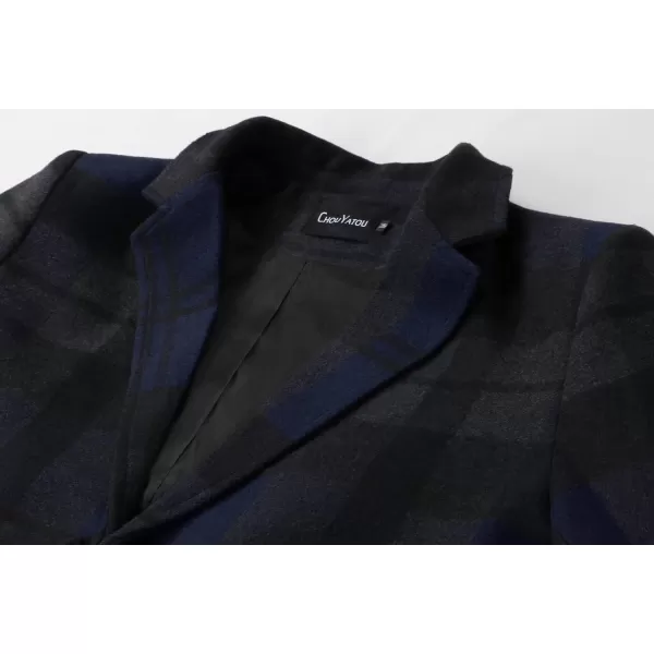chouyatou Mens Casual Notched Collar Plaid Single Breasted Wool Blend Formal Trench Top CoatNavyplaid