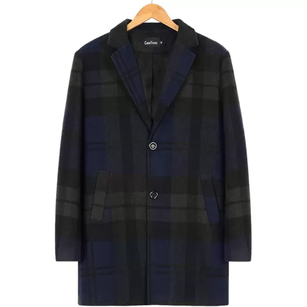chouyatou Mens Casual Notched Collar Plaid Single Breasted Wool Blend Formal Trench Top CoatNavyplaid