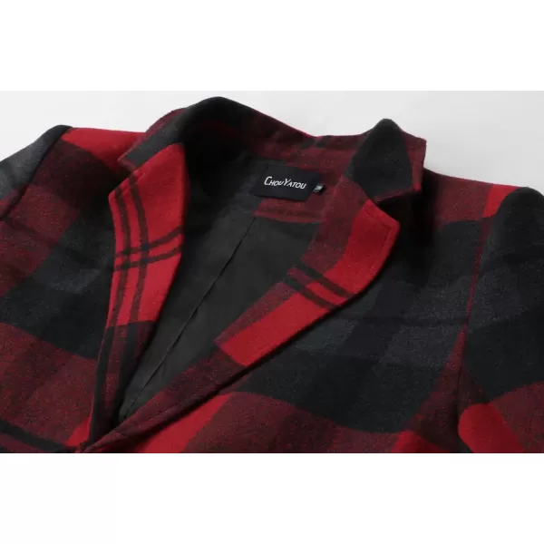 chouyatou Mens Casual Notched Collar Plaid Single Breasted Wool Blend Formal Trench Top CoatWine Redplaid
