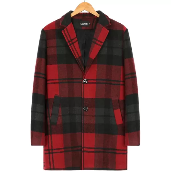 chouyatou Mens Casual Notched Collar Plaid Single Breasted Wool Blend Formal Trench Top CoatWine Redplaid
