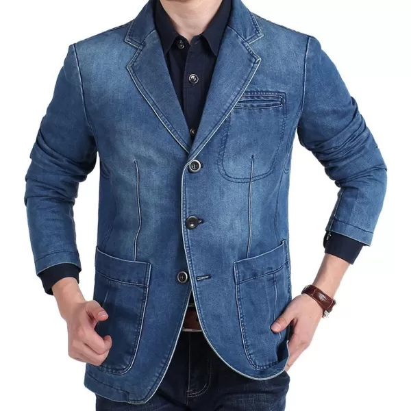 chouyatou Mens Classic Notched Collar 3 Button Tailoring Distressed Denim Blazer JacketBlue
