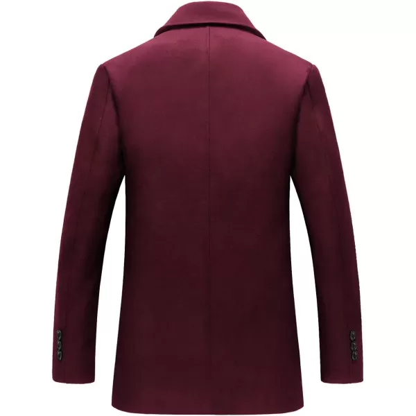 chouyatou Mens Classic Notched Collar Double Breasted Wool Blend Pea CoatWine Red