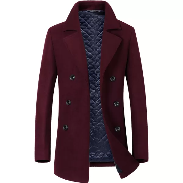 chouyatou Mens Classic Notched Collar Double Breasted Wool Blend Pea CoatWine Red