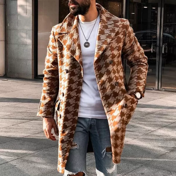 chouyatou Mens Fashion Pattern Notched Lapel Double Breasted Midi Long Wool Trench Pea CoatOrange