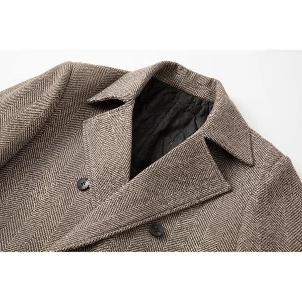 chouyatou Mens Herringbone Tweed Notch Lapel Double Breasted Wool Blend Pea Coat OvercoatKhaki