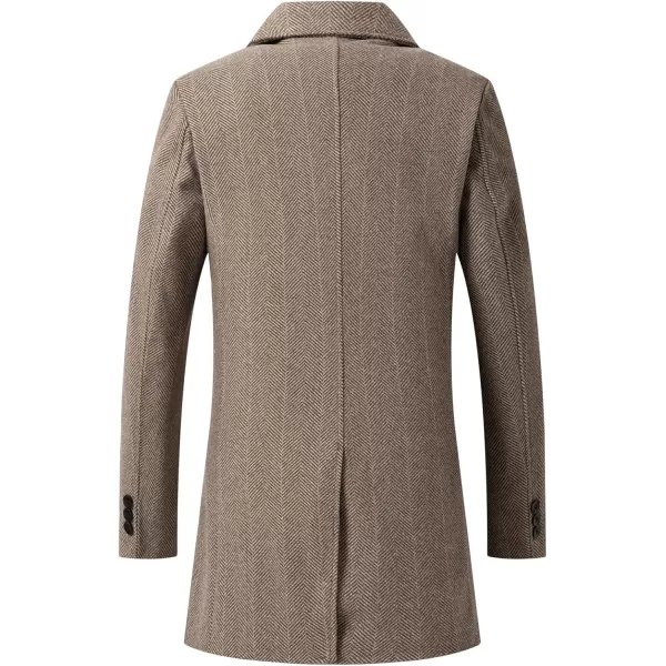 chouyatou Mens Herringbone Tweed Notch Lapel Double Breasted Wool Blend Pea Coat OvercoatKhaki