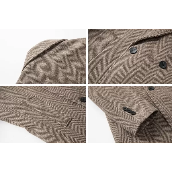 chouyatou Mens Herringbone Tweed Notch Lapel Double Breasted Wool Blend Pea Coat OvercoatKhaki