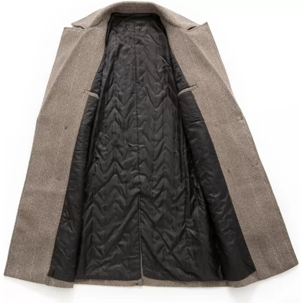 chouyatou Mens Herringbone Tweed Notch Lapel Double Breasted Wool Blend Pea Coat OvercoatKhaki