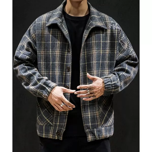 chouyatou Mens Lapel Collar Loose Single Breasted Oversize Embroider Plaid Wool Blend Shacket JacketDark Blue