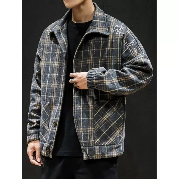 chouyatou Mens Lapel Collar Loose Single Breasted Oversize Embroider Plaid Wool Blend Shacket JacketDark Blue