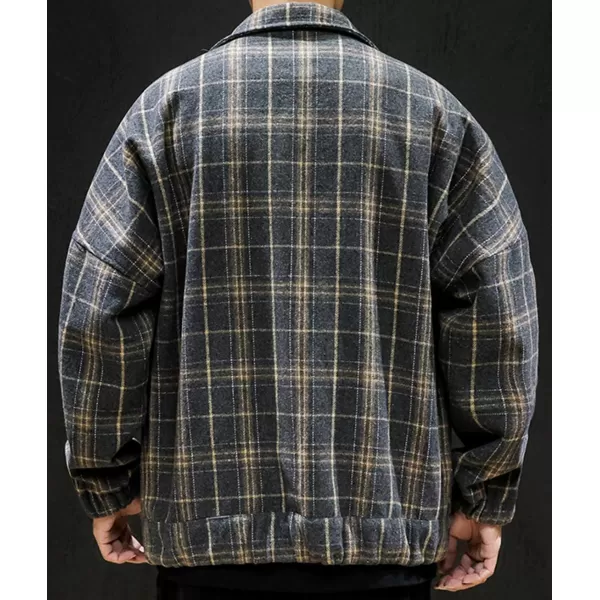 chouyatou Mens Lapel Collar Loose Single Breasted Oversize Embroider Plaid Wool Blend Shacket JacketDark Blue