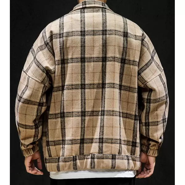 chouyatou Mens Lapel Collar Loose Single Breasted Oversize Embroider Plaid Wool Blend Shacket JacketKhaki