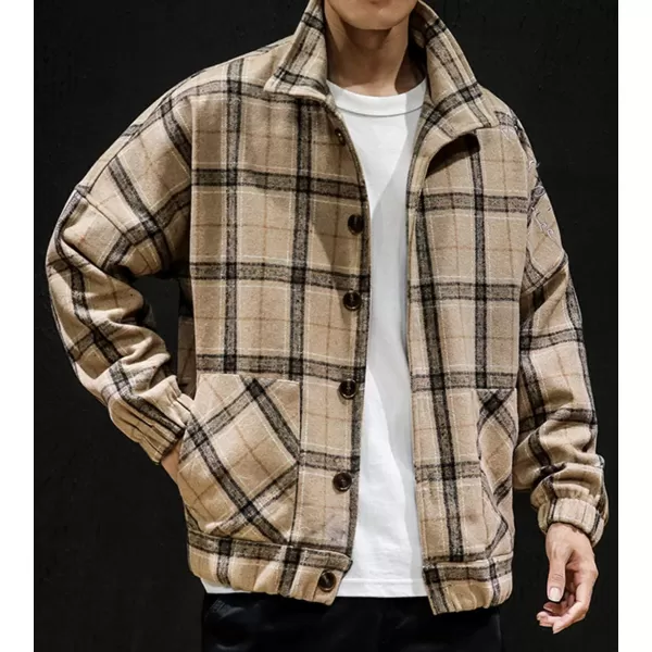 chouyatou Mens Lapel Collar Loose Single Breasted Oversize Embroider Plaid Wool Blend Shacket JacketKhaki