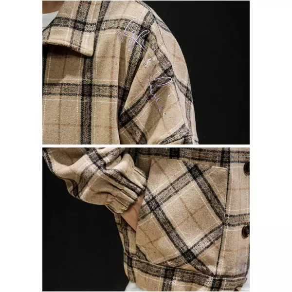 chouyatou Mens Lapel Collar Loose Single Breasted Oversize Embroider Plaid Wool Blend Shacket JacketKhaki