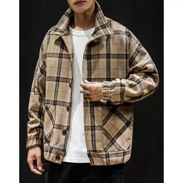 chouyatou Mens Lapel Collar Loose Single Breasted Oversize Embroider Plaid Wool Blend Shacket JacketKhaki