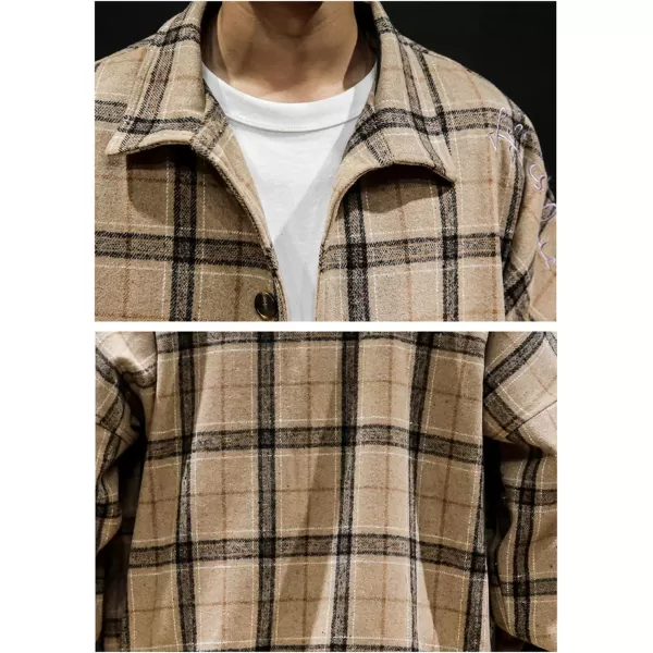 chouyatou Mens Lapel Collar Loose Single Breasted Oversize Embroider Plaid Wool Blend Shacket JacketKhaki
