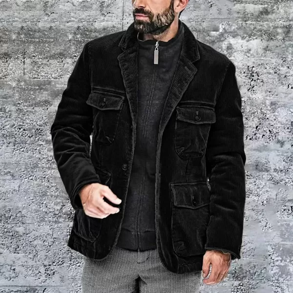 chouyatou Mens Vintage Corduroy Notched Lapel Button Down Business Blazer Jacket Sport CoatBlack