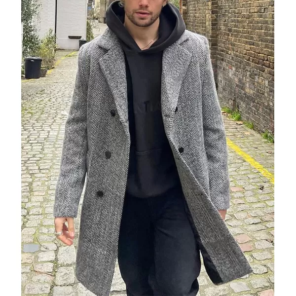 chouyatou Mens Winter Casual Lapel Wool Blazer Jacket Double Breasted Wool Blend Pea Coat OvercoatGray