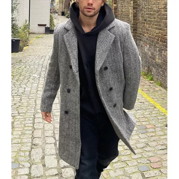 chouyatou Mens Winter Casual Lapel Wool Blazer Jacket Double Breasted Wool Blend Pea Coat OvercoatGray
