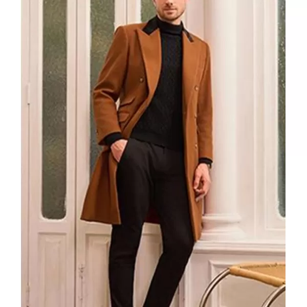 chouyatou Mens Winter Contrast Lapel Collar Wool Coat Double Breasted Wool Blend Trench Pea Coat OvercoatBrown