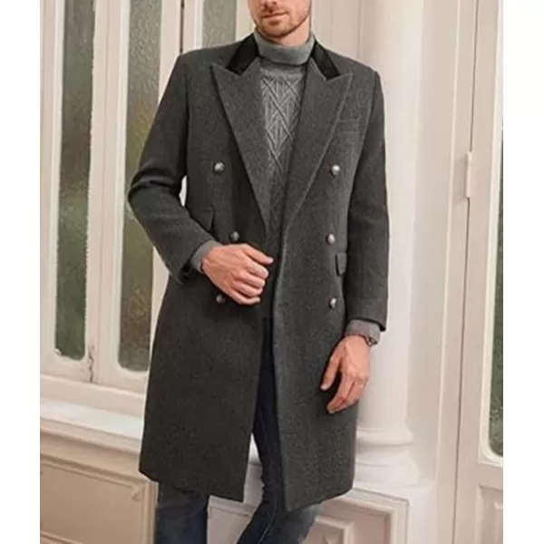 chouyatou Mens Winter Contrast Lapel Collar Wool Coat Double Breasted Wool Blend Trench Pea Coat OvercoatDark Gray
