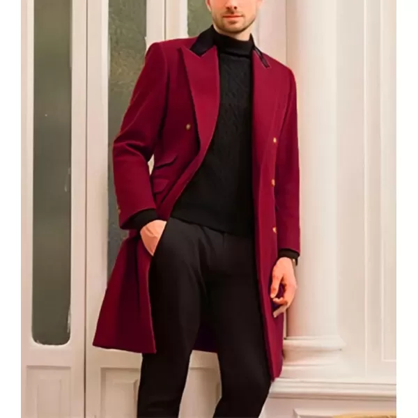 chouyatou Mens Winter Contrast Lapel Collar Wool Coat Double Breasted Wool Blend Trench Pea Coat OvercoatWine Red