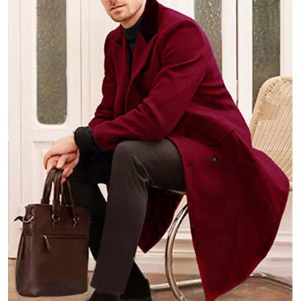 chouyatou Mens Winter Contrast Lapel Collar Wool Coat Double Breasted Wool Blend Trench Pea Coat OvercoatWine Red