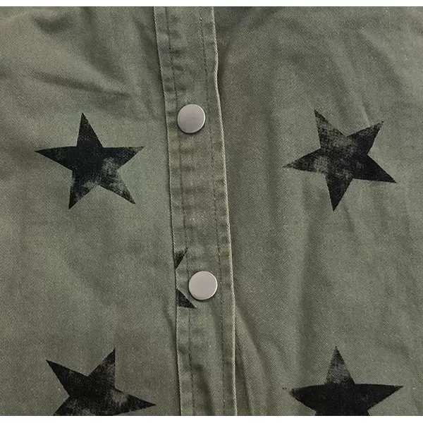 chouyatou Womens Casual Frayed Raw Hem Star Print Mid Long Peplum Denim JacketArmy Green