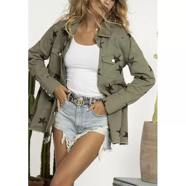 chouyatou Womens Casual Frayed Raw Hem Star Print Mid Long Peplum Denim JacketArmy Green