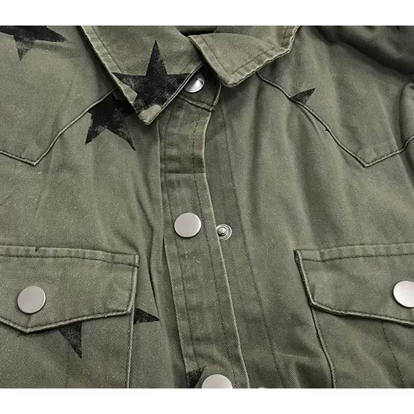 chouyatou Womens Casual Frayed Raw Hem Star Print Mid Long Peplum Denim JacketArmy Green