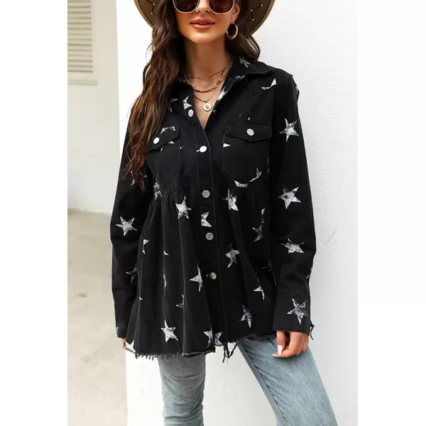 chouyatou Womens Casual Frayed Raw Hem Star Print Mid Long Peplum Denim JacketBlack
